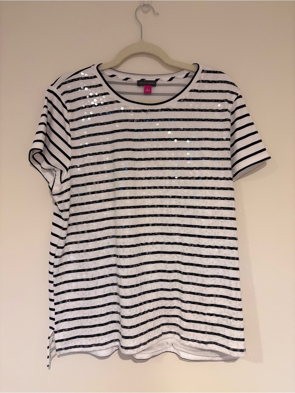 Vince Camuto Sequin Striped Tee - Black and White
